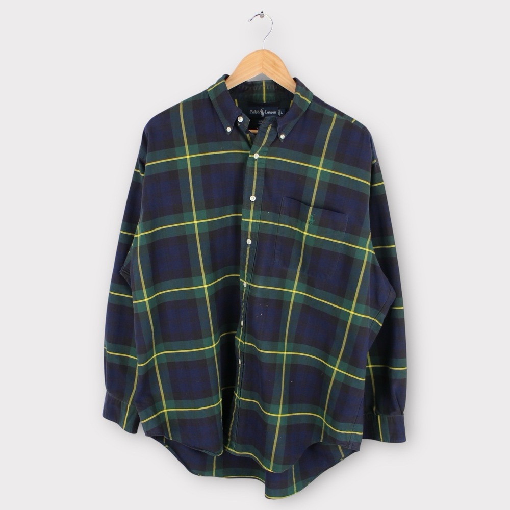 Ralph Lauren Big Shirt Men's L‎ Plaid Button Down Green Navy Yellow Cotton USA